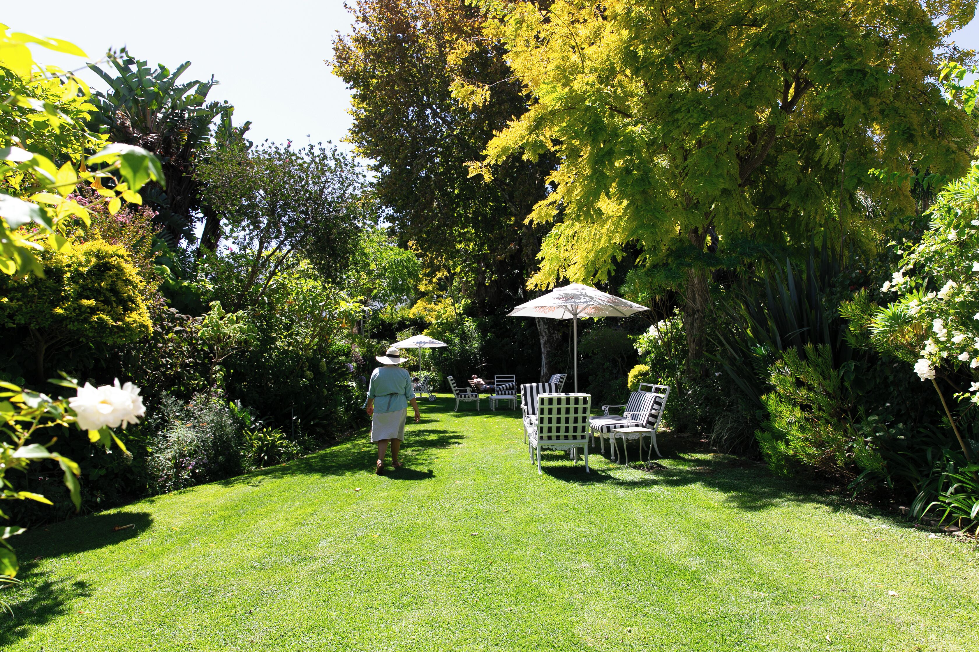 A garden with a lawn, chairs, and an umbrella.