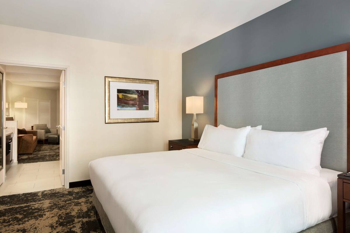 A hotel room with a large bed, a bedside table with a lamp, a framed picture on the wall, and a carpeted floor.