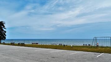 Private beach, sun loungers, beach towels