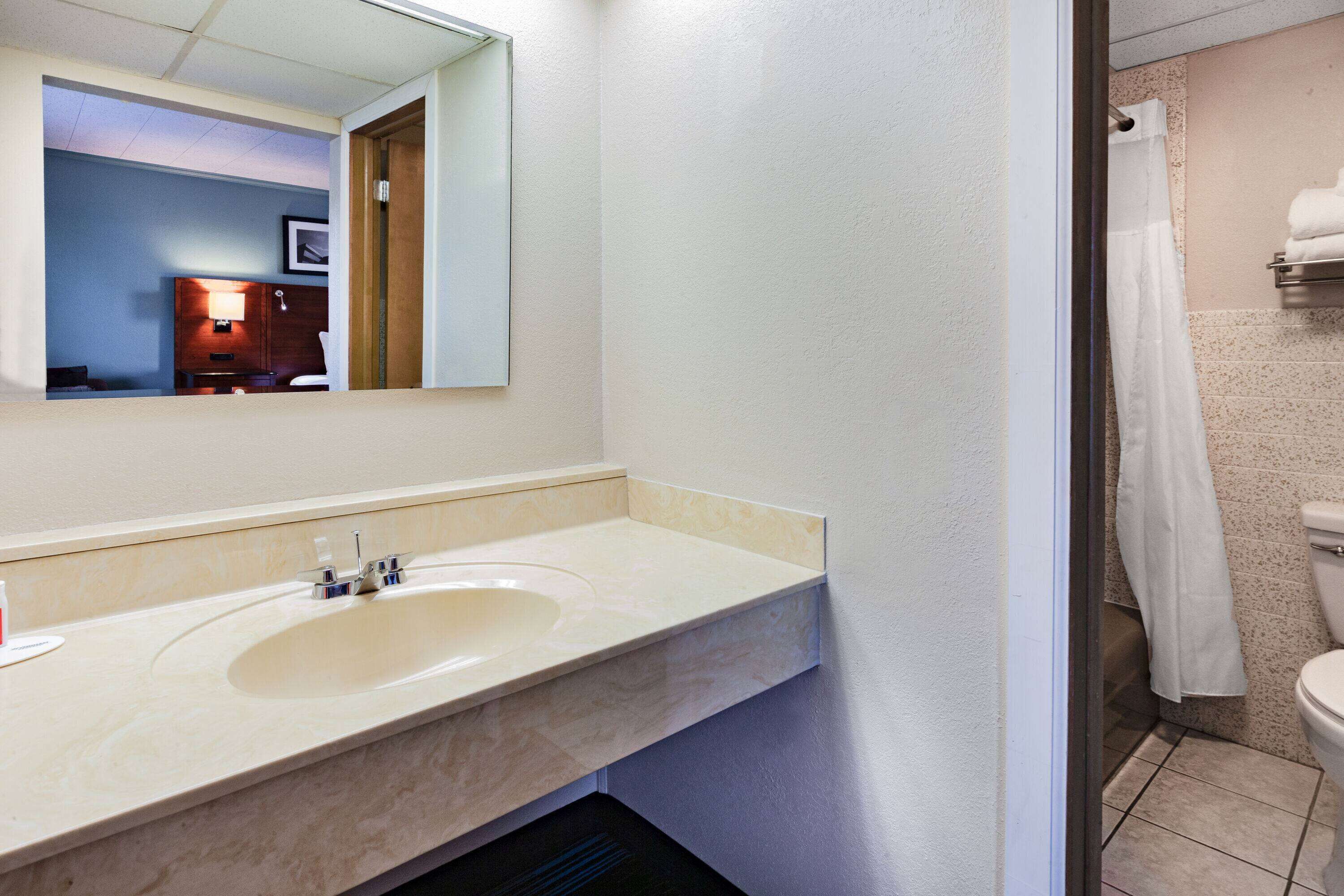 A bathroom with a sink, mirror, and toilet.