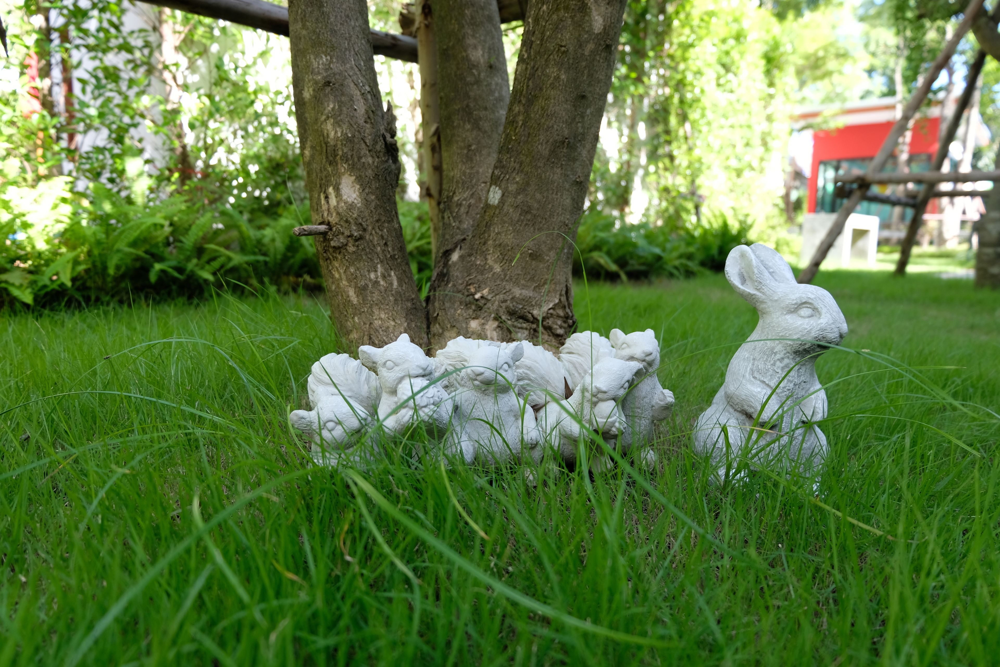 Un jardin avec un arbre et une statue de lapin blanc, le tout entouré d’herbe.