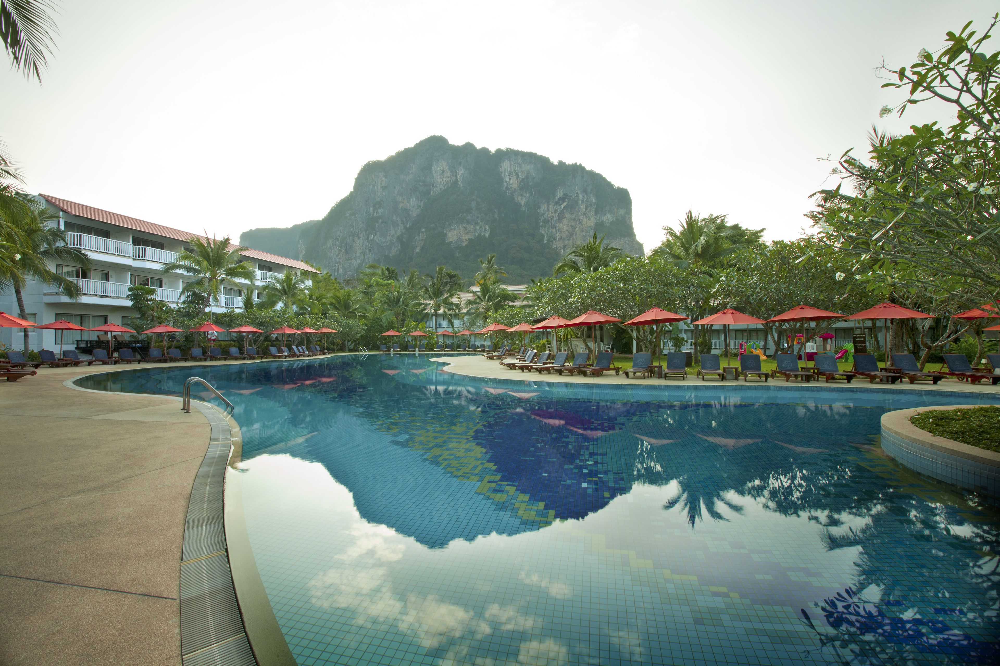A swimming pool with lounge chairs and umbrellas, surrounded by palm trees and a mountain in the background.