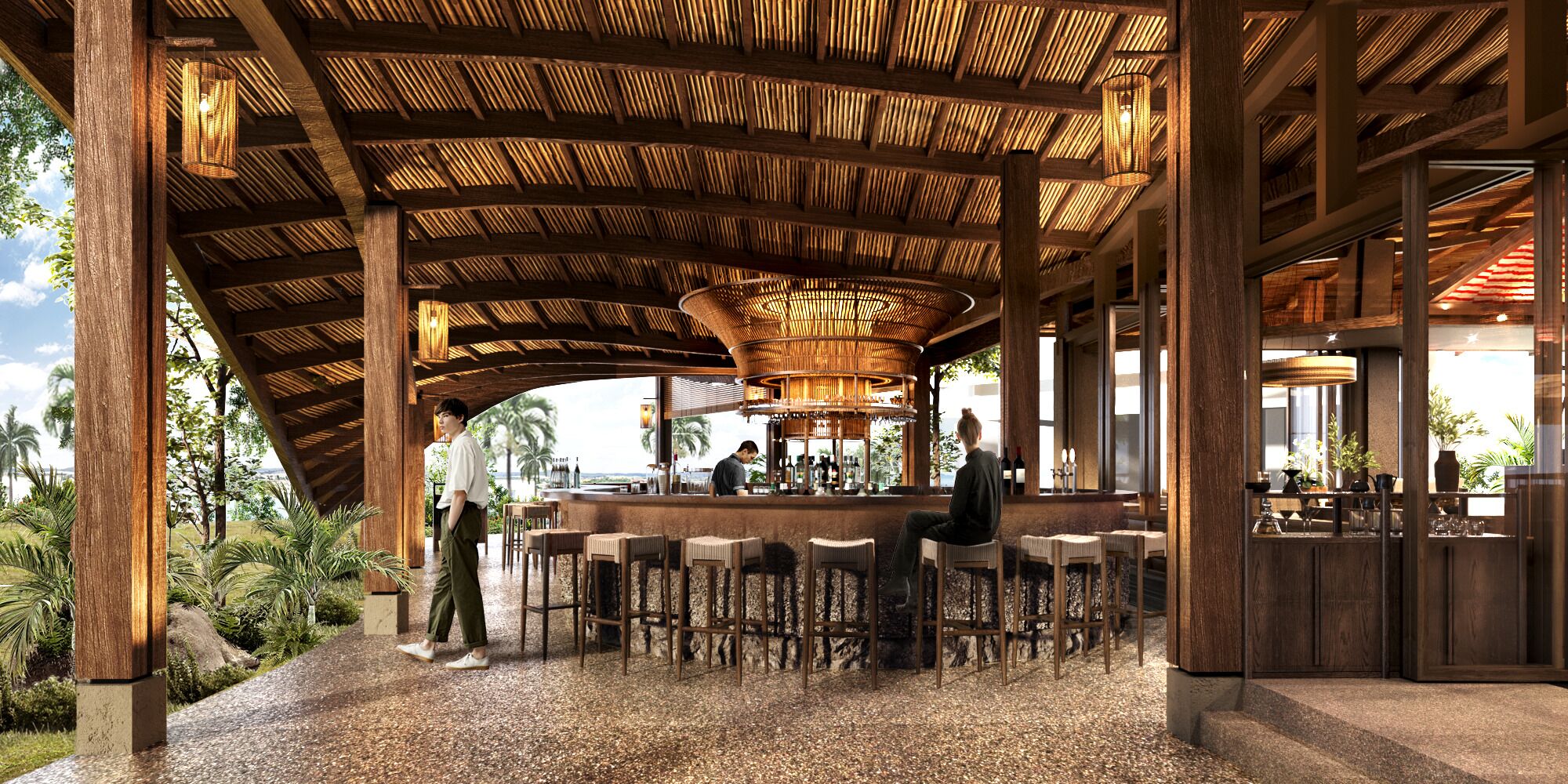 A covered outdoor bar area with wooden beams, seating, and a view of the ocean.