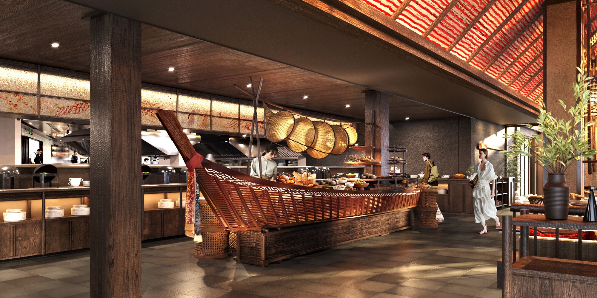 Un restaurant doté d’un comptoir traditionnel en forme de bateau, de poutres en bois et de paniers suspendus.