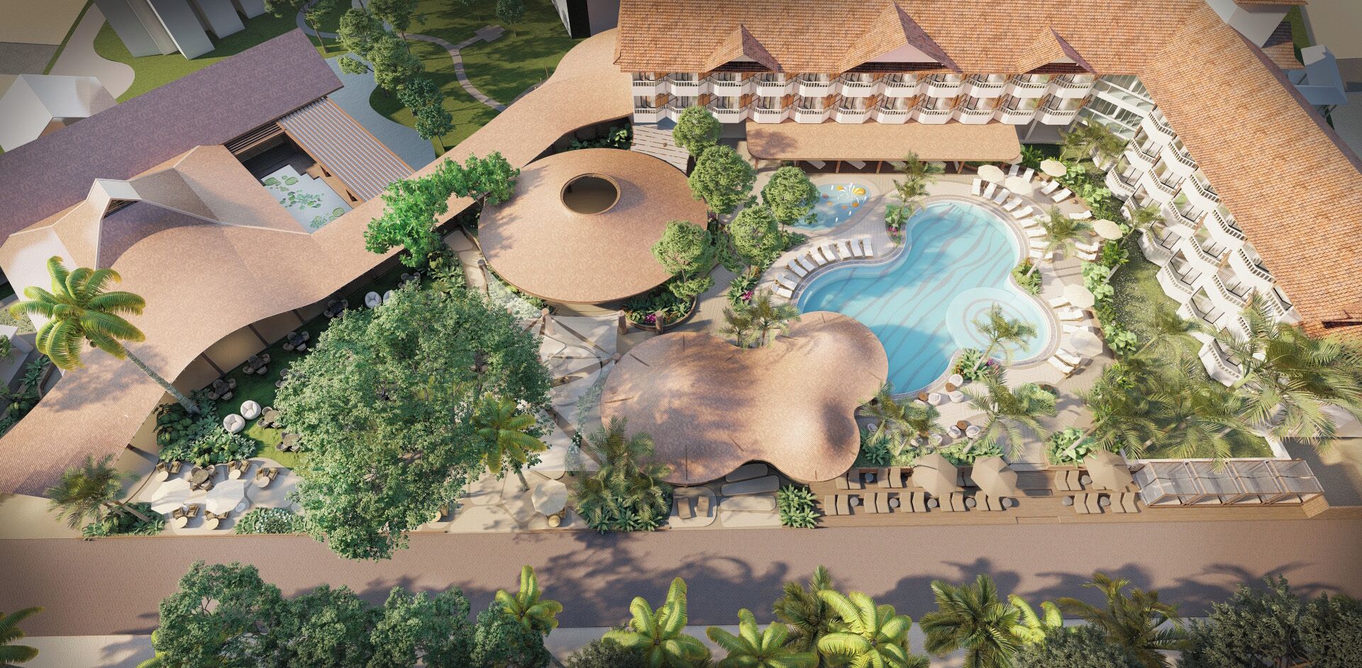A resort with a pool, palm trees, and a unique building structure.