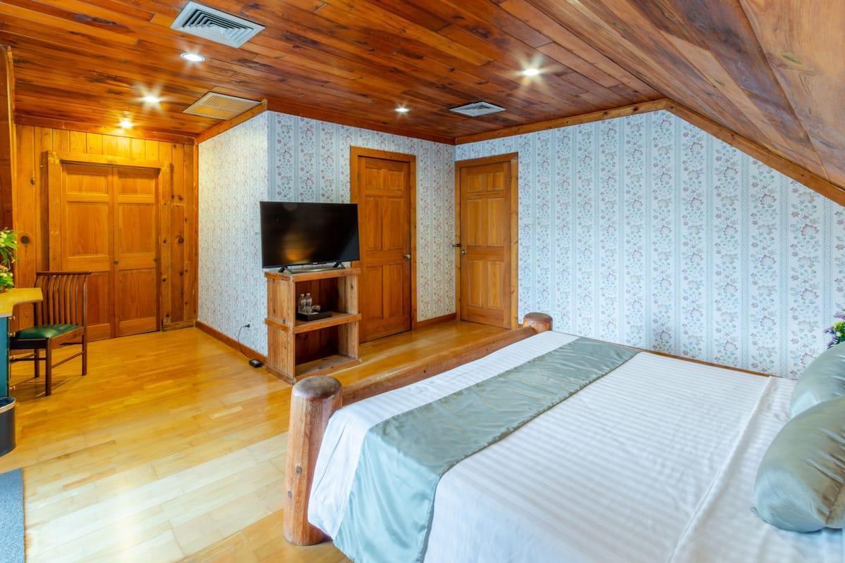 Ein Schlafzimmer mit Holzboden, einem Bett mit grüner Bettdecke, einem Fernseher auf einem Holztisch und zwei Türen.
