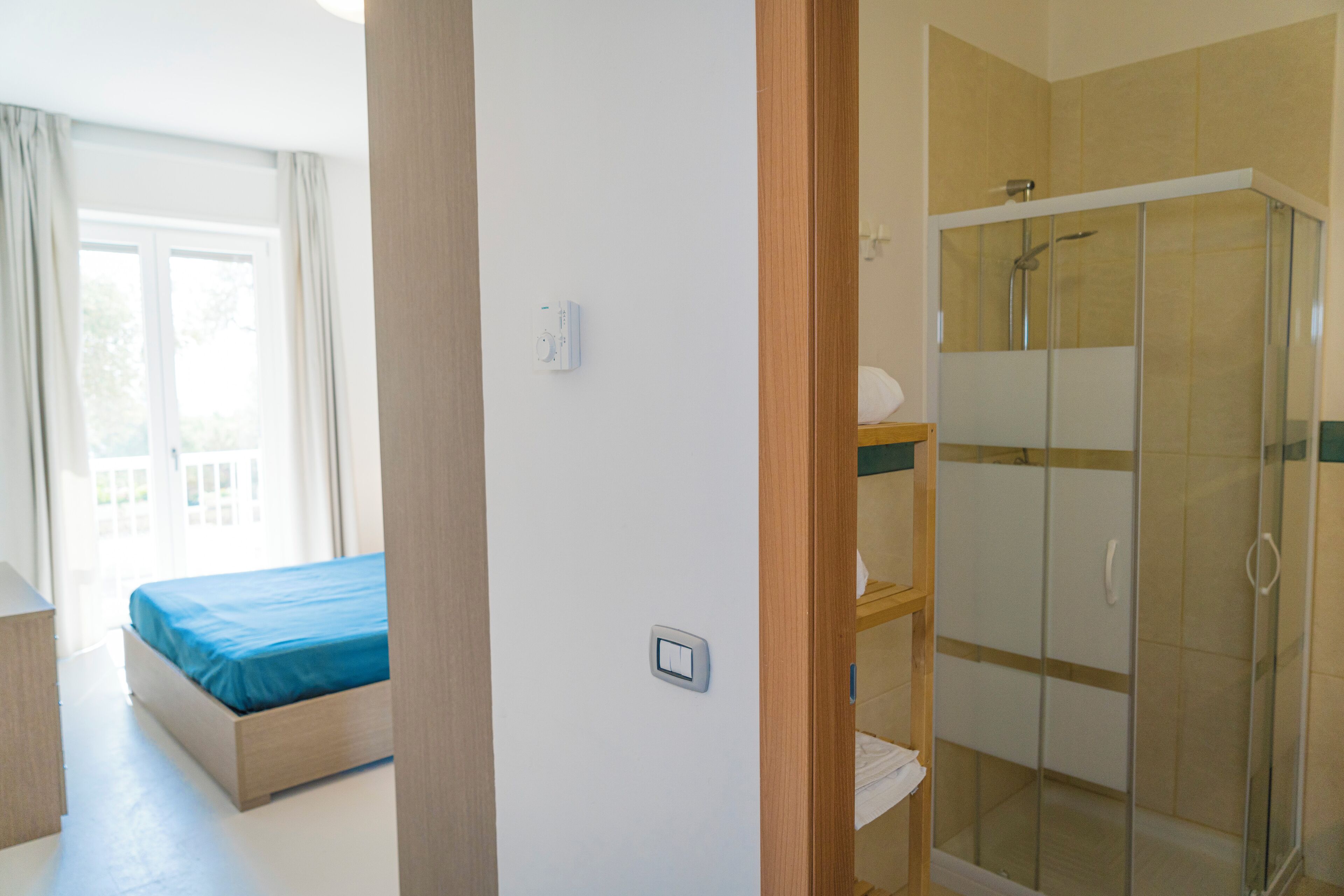 A bedroom with a bed, a bathroom with a glass shower enclosure, and a view of the outdoors.