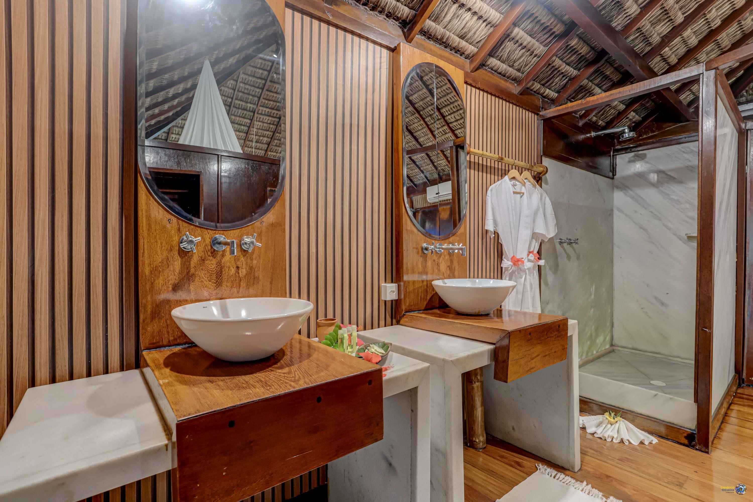 bungalow, ocean view (master) | bathroom | hair dryer, towels