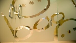 Een modern interieur met abstracte wandontwerpen, een zichtbaar receptiegedeelte en een glazen scheidingswand.