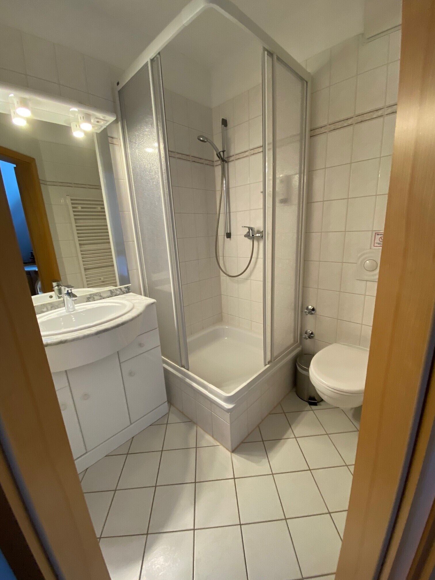 A modern bathroom with a glass-enclosed shower, a sink, and a toilet.