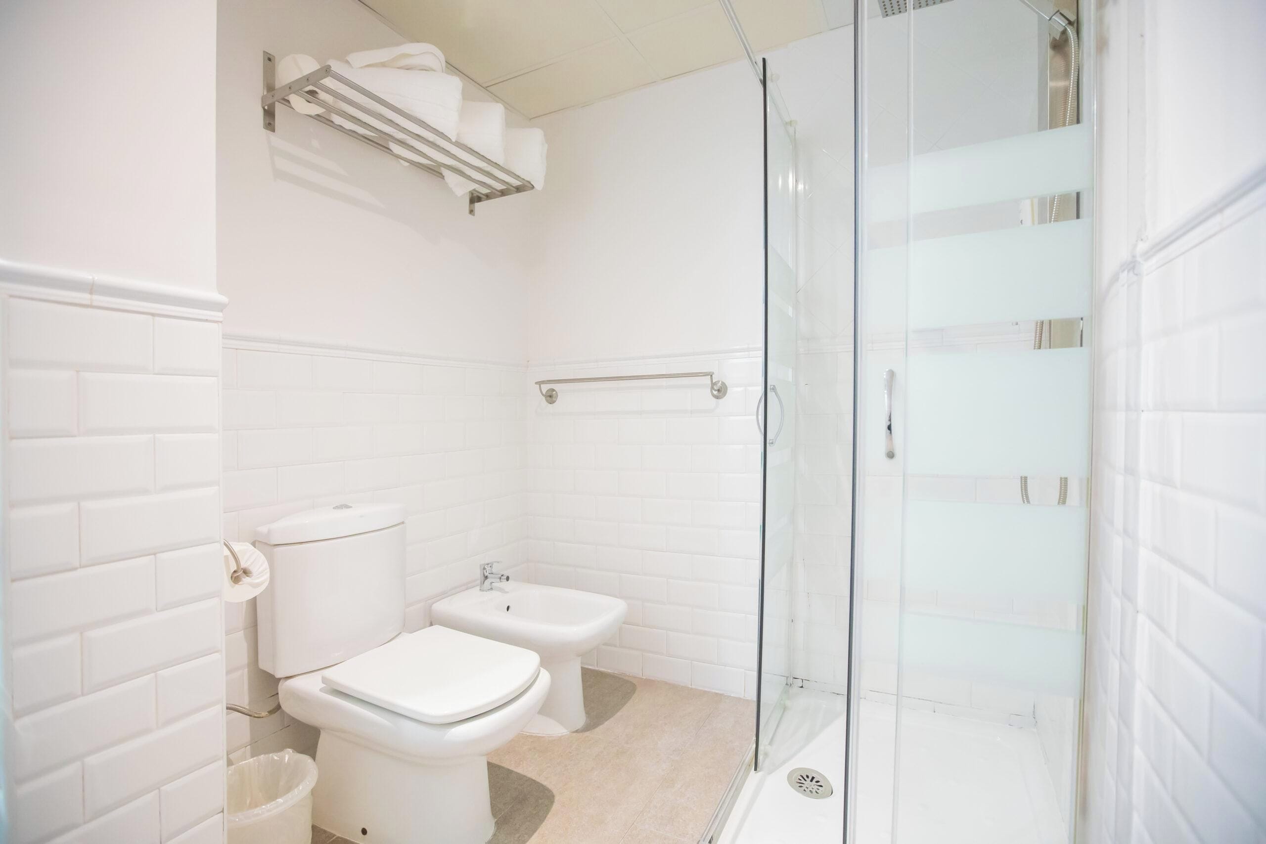A modern bathroom with a toilet, bidet, and glass shower enclosure.