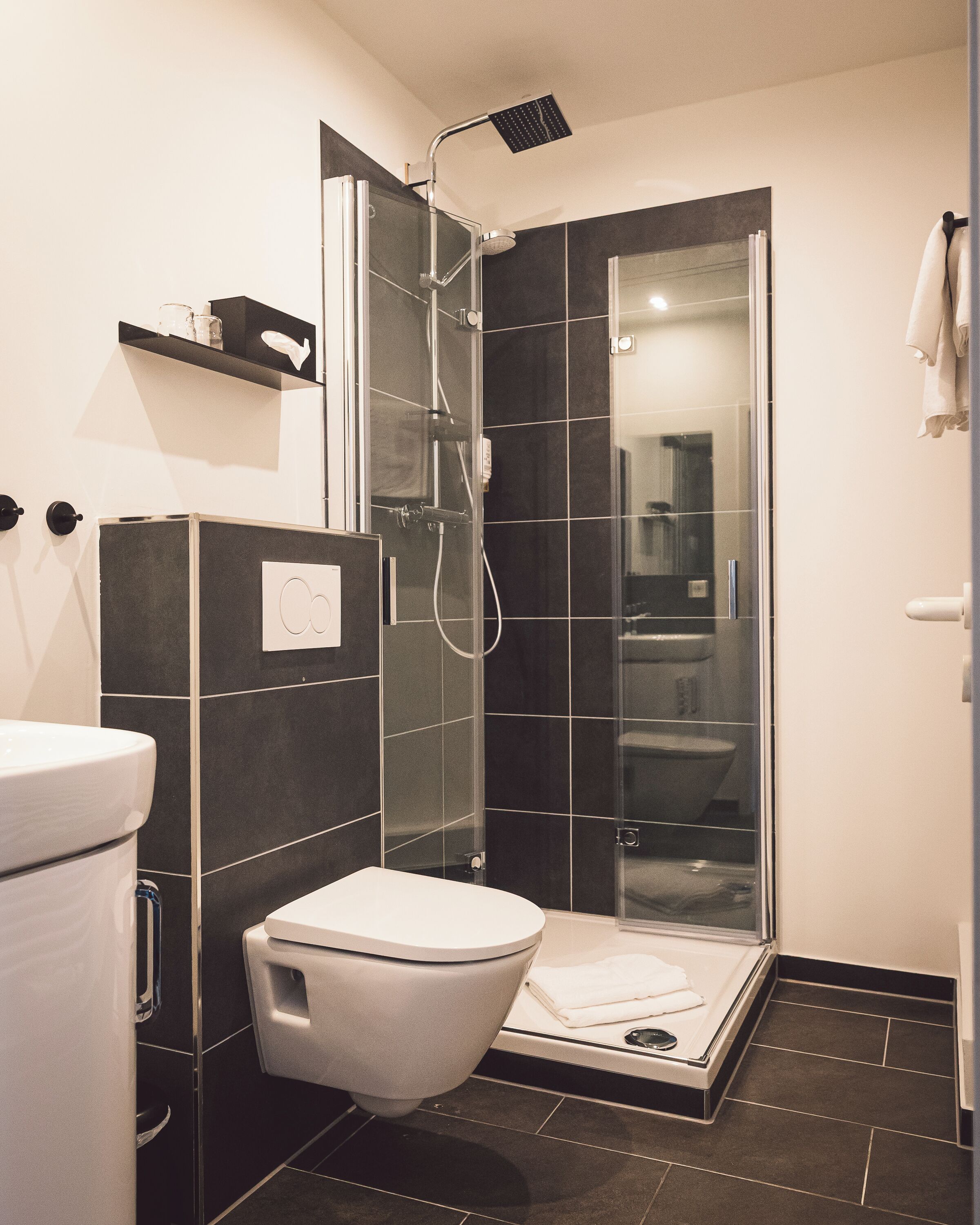 A modern bathroom with a shower, toilet, and sink.