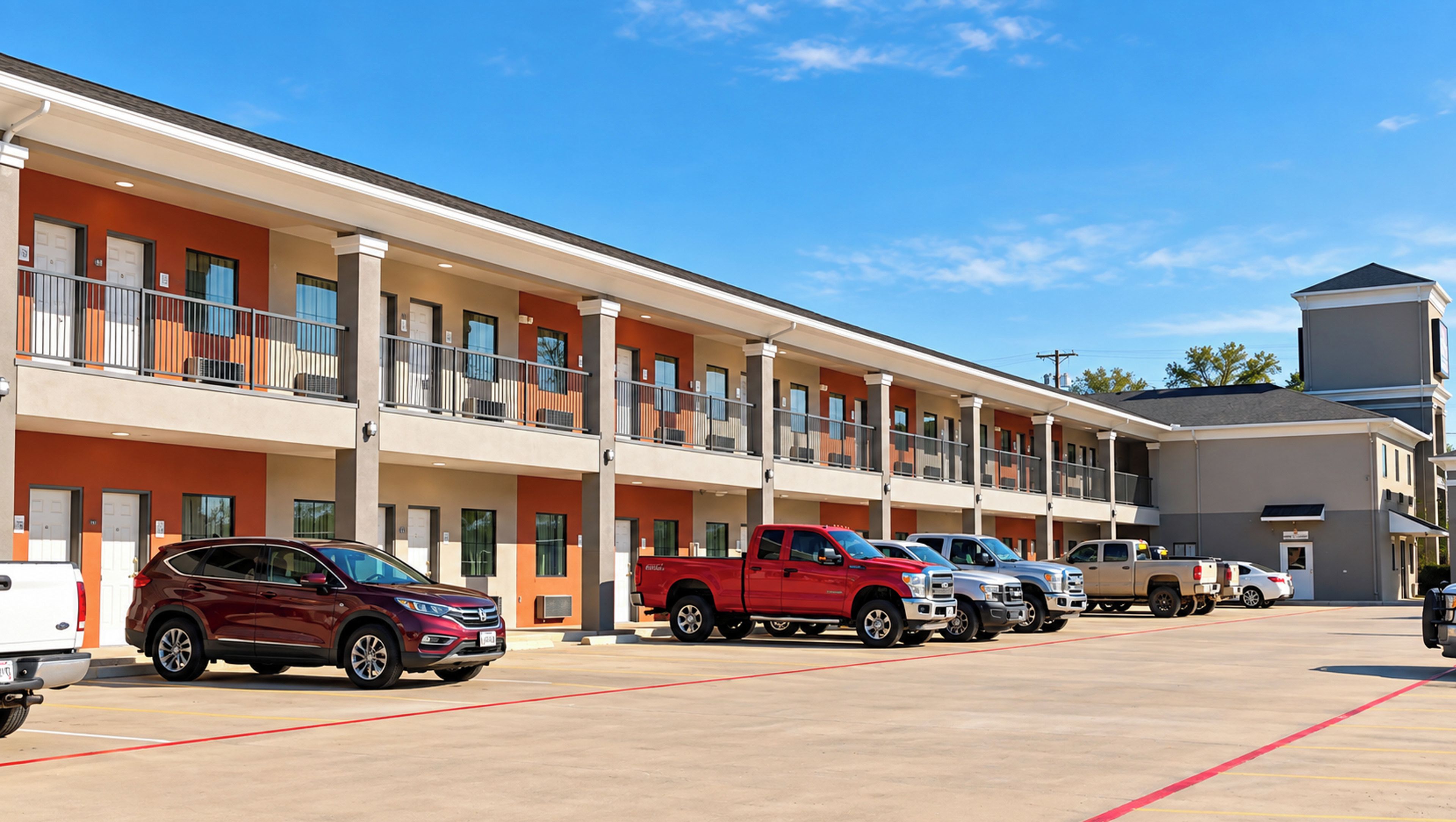 A multi-story motel with a row of parking spaces and a red pickup truck parked in the foreground.