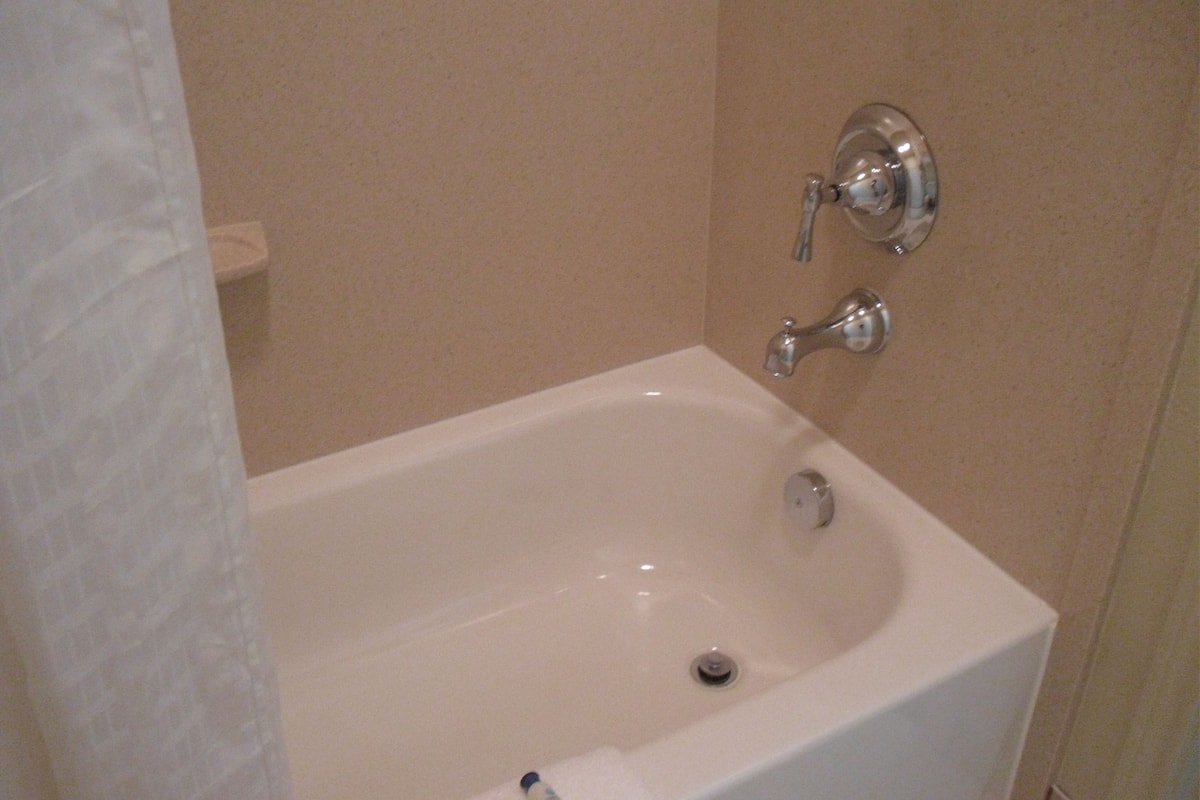 combined shower/bathtub, free toiletries, hair dryer, towels