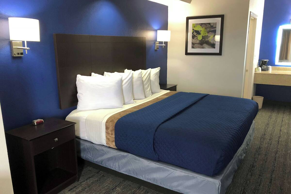 Ein Hotelzimmer mit einem großen Bett, einem Nachttisch, einer Wandlampe und einem gerahmten Bild an der Wand.