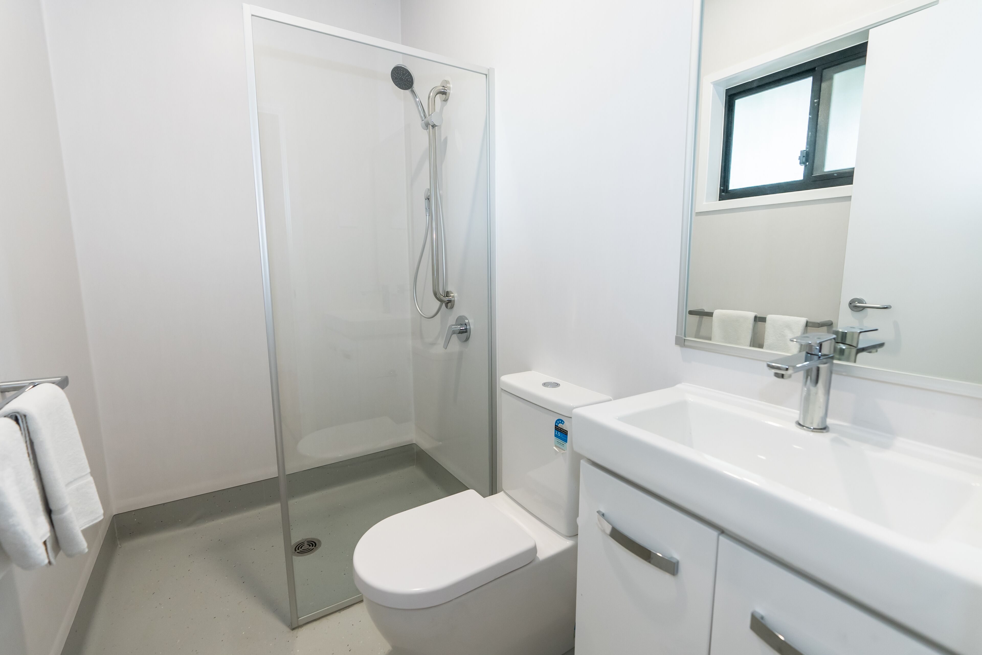 A modern bathroom with a glass shower enclosure, a white toilet, and a sink with a mirror above it.