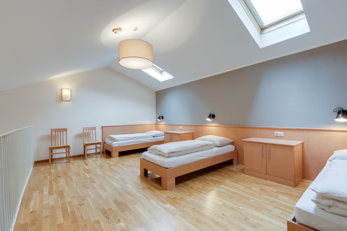 Een moderne slaapkamer met twee eenpersoonsbedden, een houten garderobe en een dakraam.