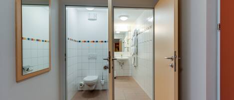 A bathroom with a toilet, sink, and mirror.