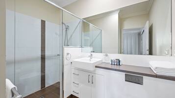 Une salle de bain moderne avec une douche à l’italienne en verre, un lavabo blanc et un grand miroir.