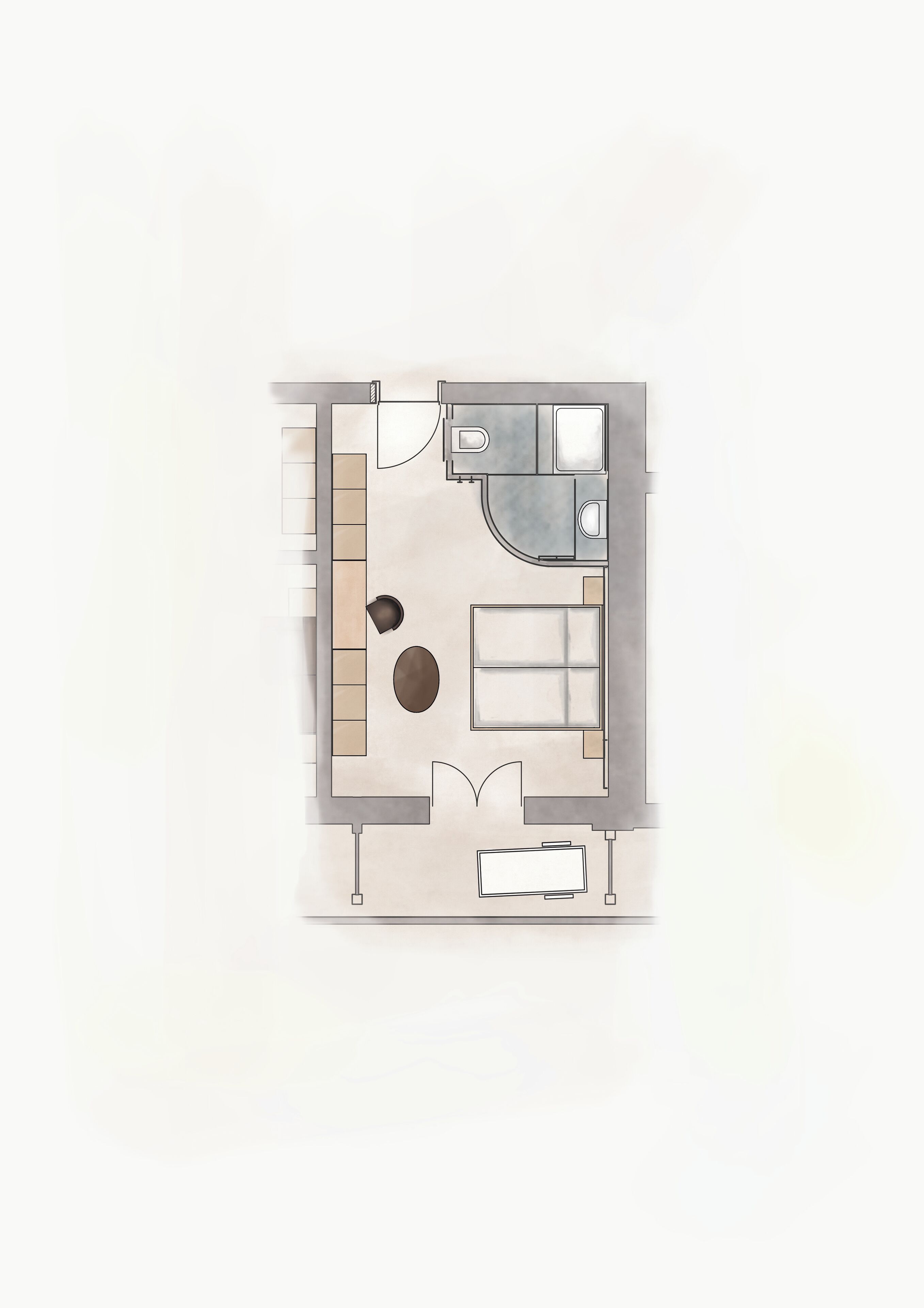 Un plan d’étage d’une chambre d’hôtel comprenant un lit, un bureau, une chaise, une petite table et une salle de bain.