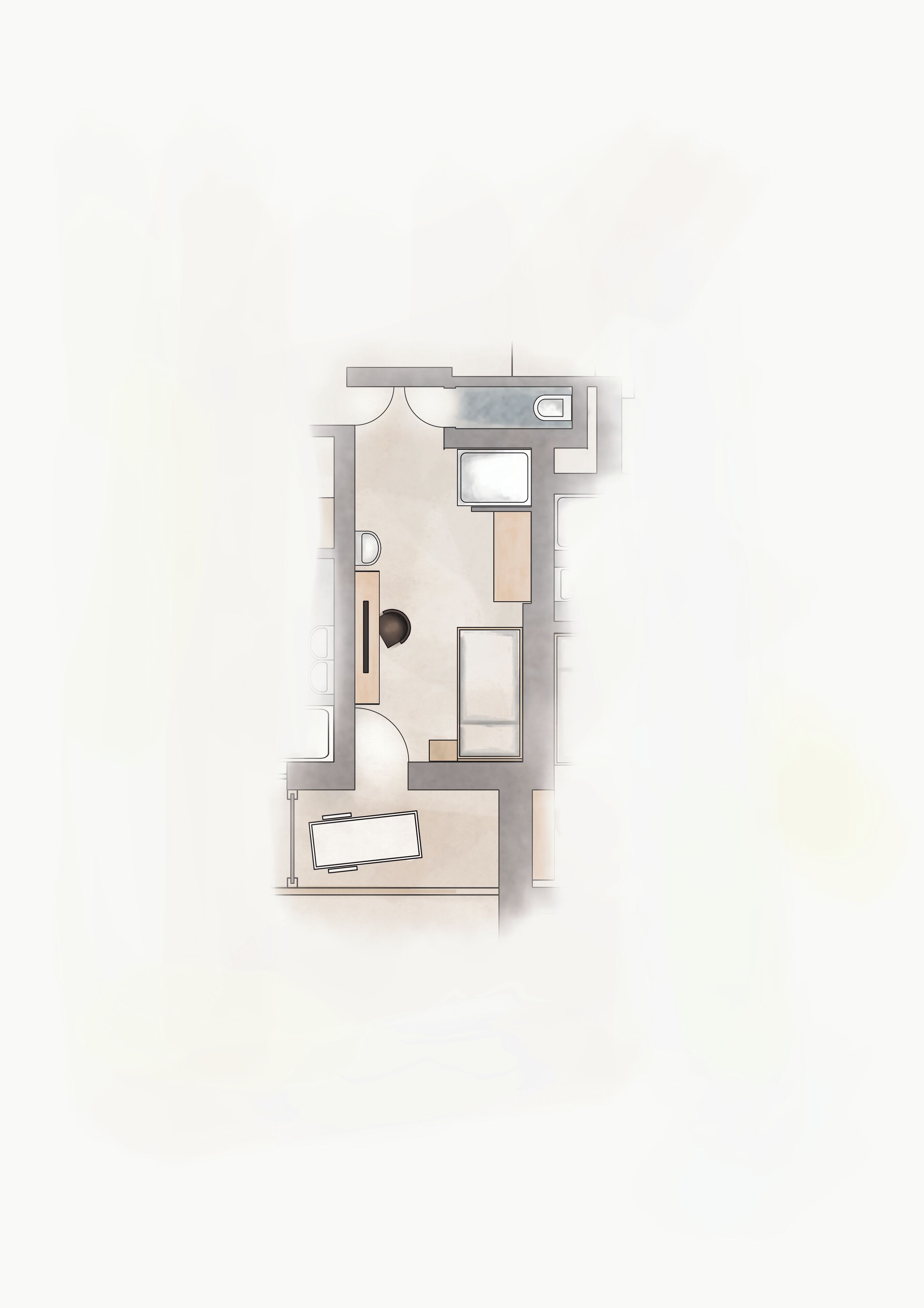 A floor plan of a hotel room with a bathroom, a kitchenette, and a seating area.