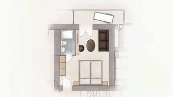 Plano de planta de un apartamento moderno que incluye cocina, comedor y sala de estar.