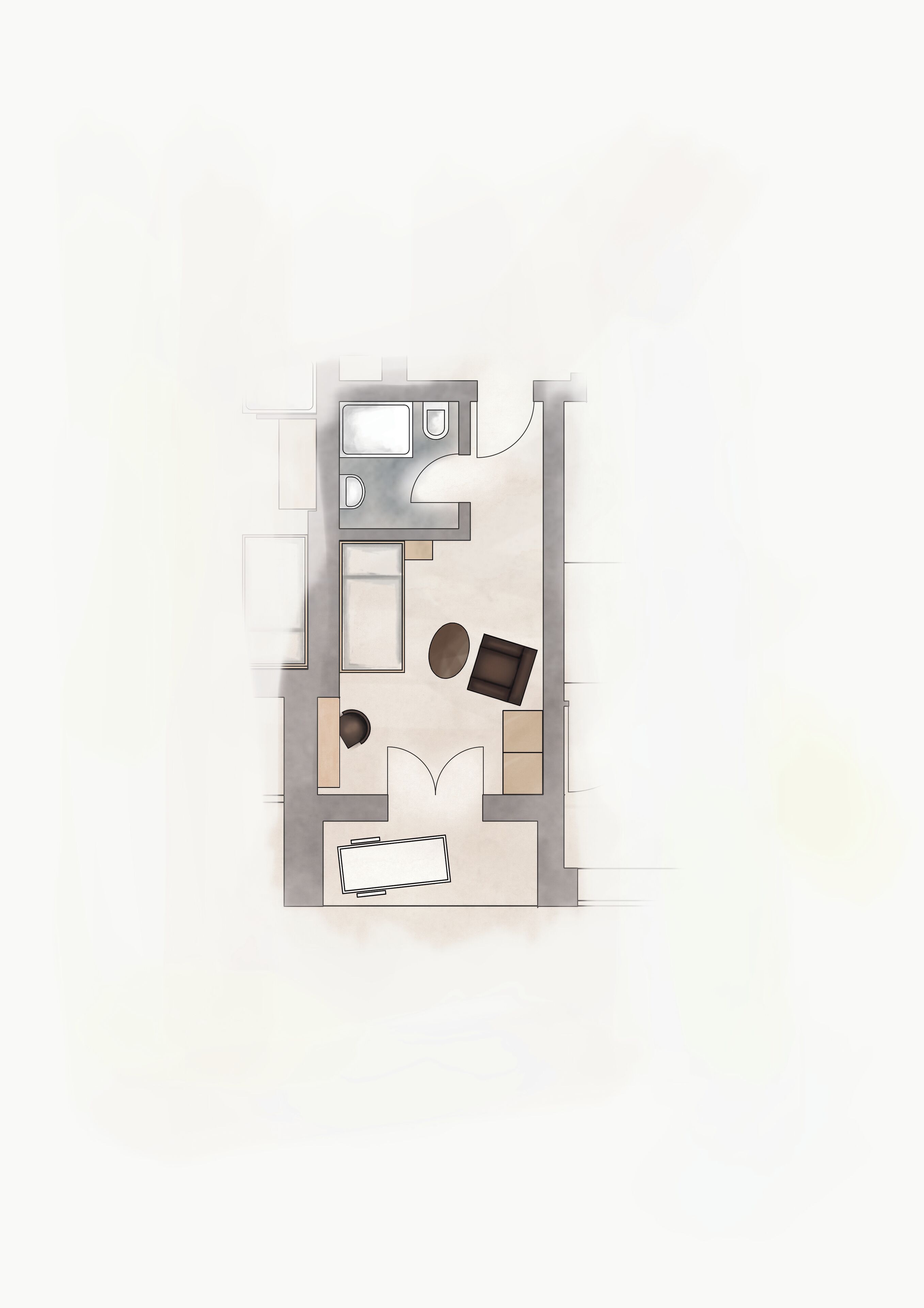 Planta baixa de um quarto de hotel com uma cama, uma escrivaninha, uma cadeira, uma mesinha e uma janela.