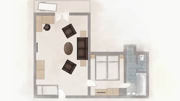 Plano de un cuarto de hotel con sala de estar, kitchenette, baño y un ventanal grande.