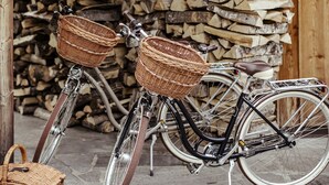 A bicycle with wicker baskets parked in front of a wooden building with stacked firewood. - Staudacherhof (Garmisch-Partenkirchen)