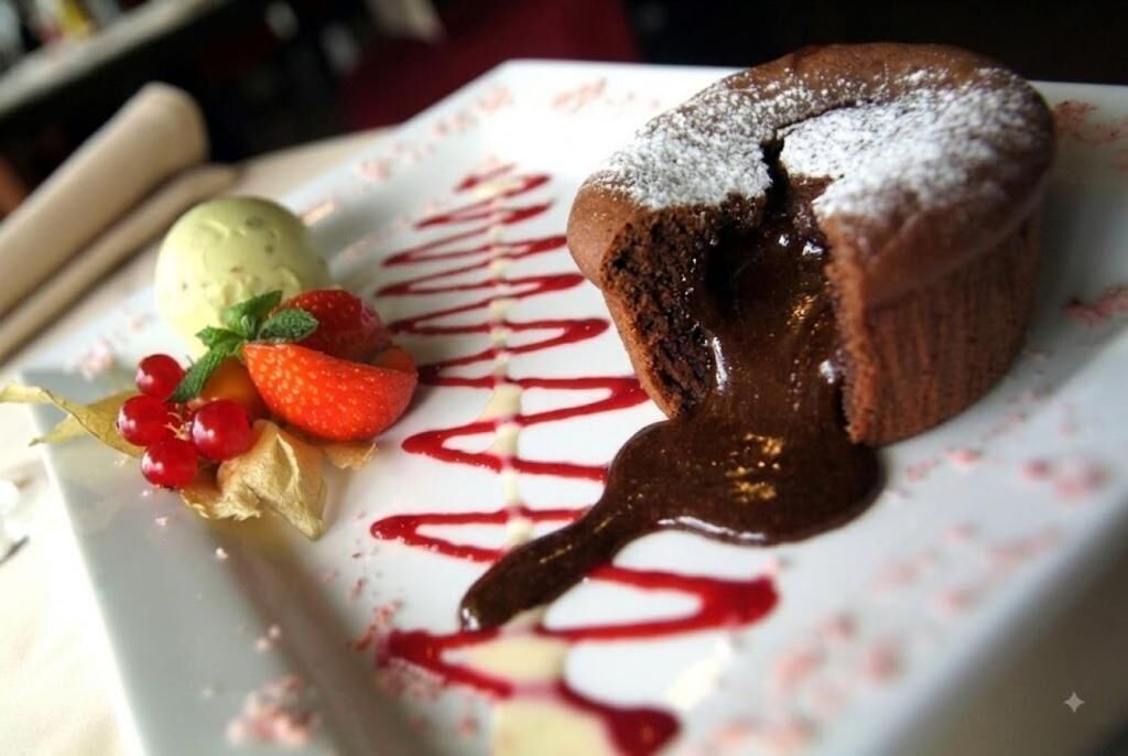 Een nagerechtenbord met chocolade lava cake, aardbeien en een bolletje ijs.
