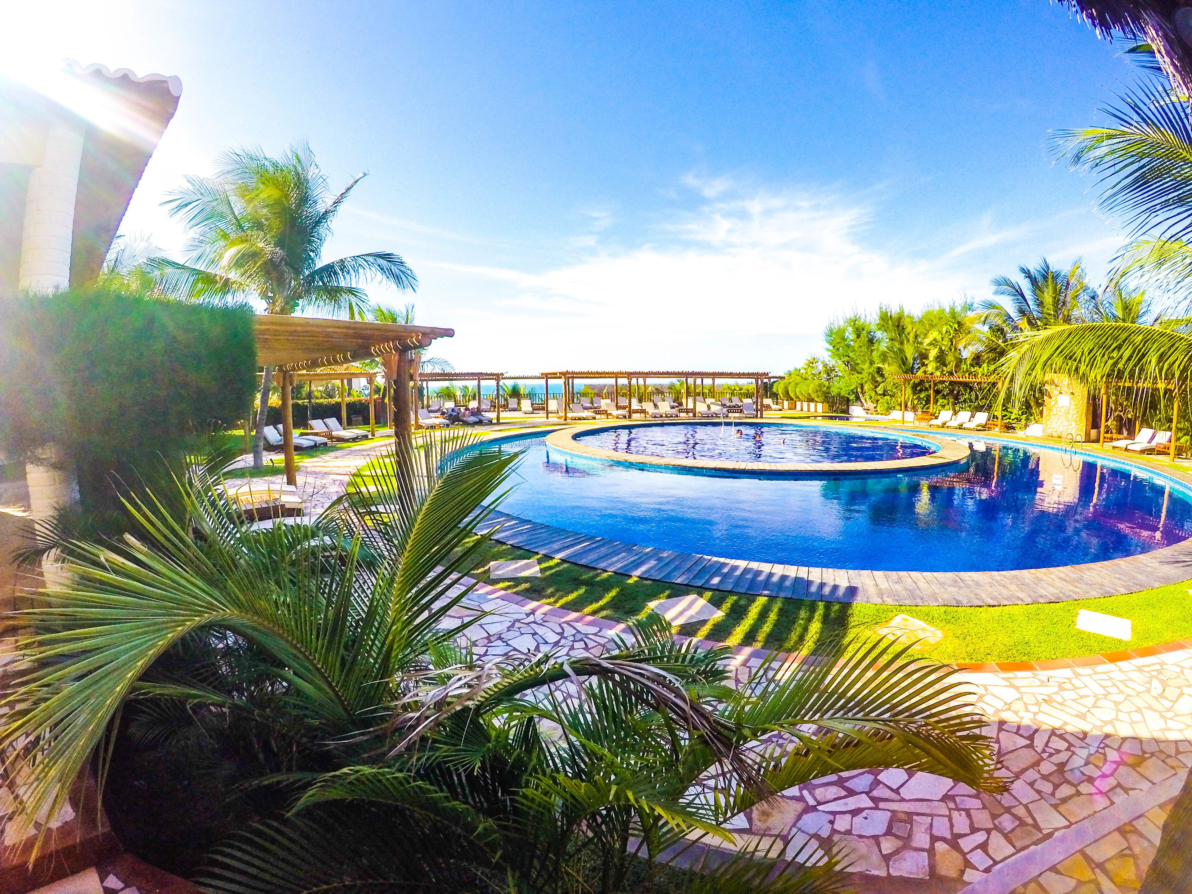 Una piscina grande y circular con un borde empinado de baldosas, palmeras y una zona de estar cubierta.