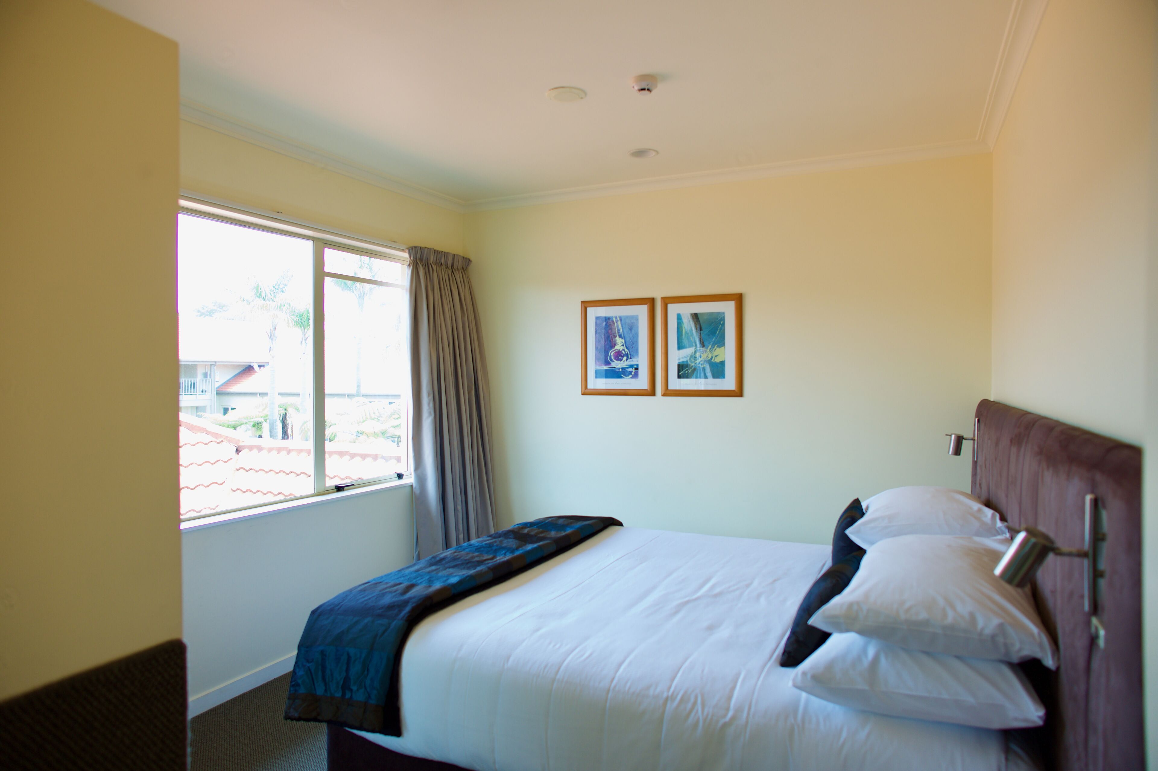 A hotel room with a bed, a window with curtains, and two framed pictures on the wall.