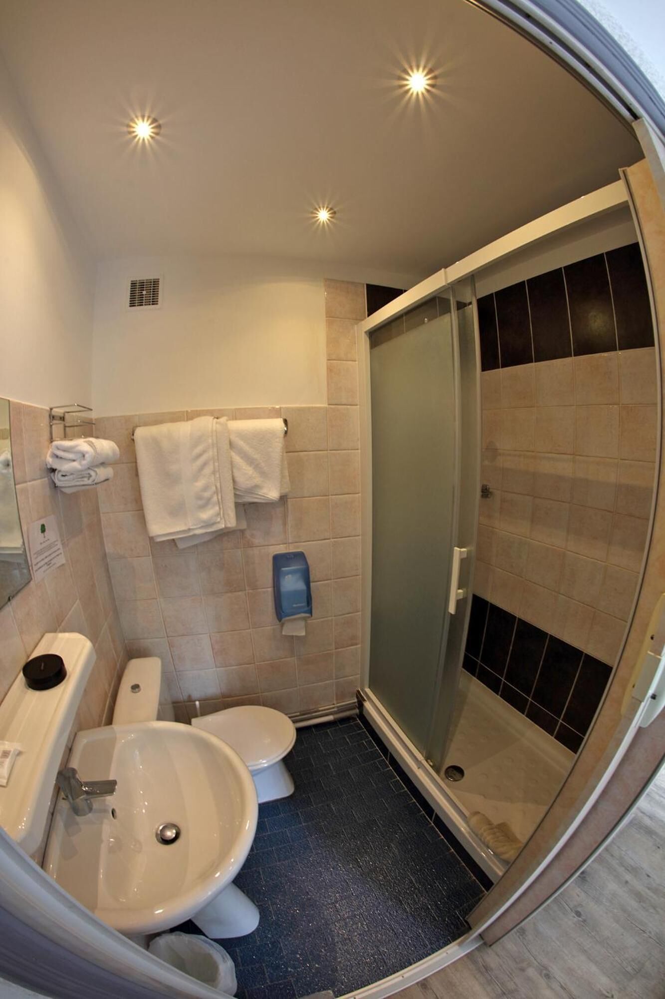 A compact bathroom with a sink, toilet, and shower.