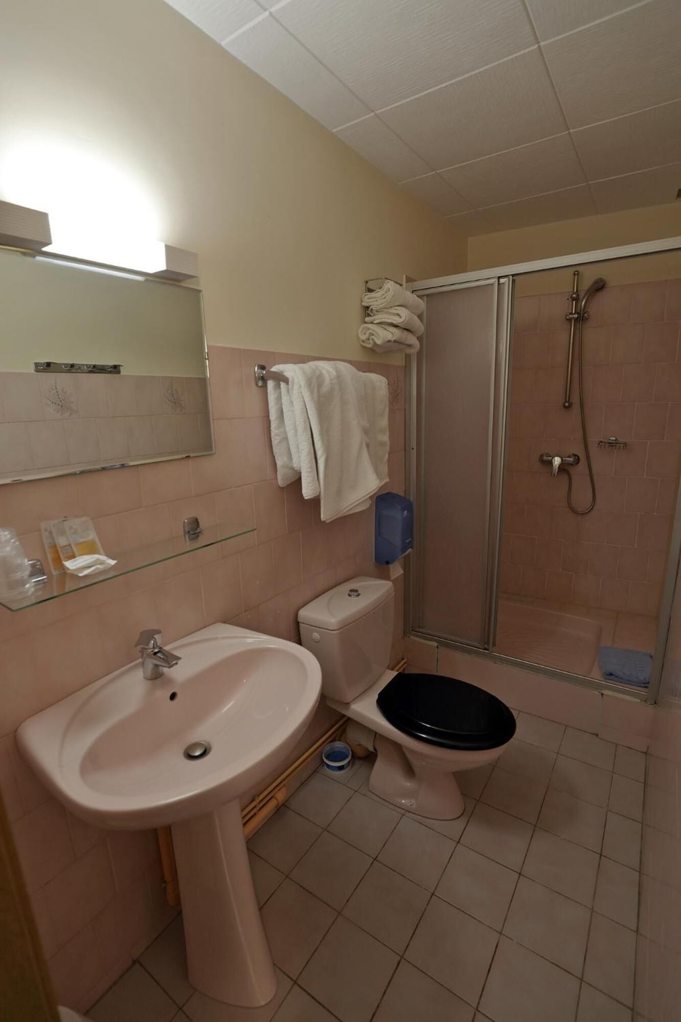 Un baño con lavamanos, inodoro y ducha.