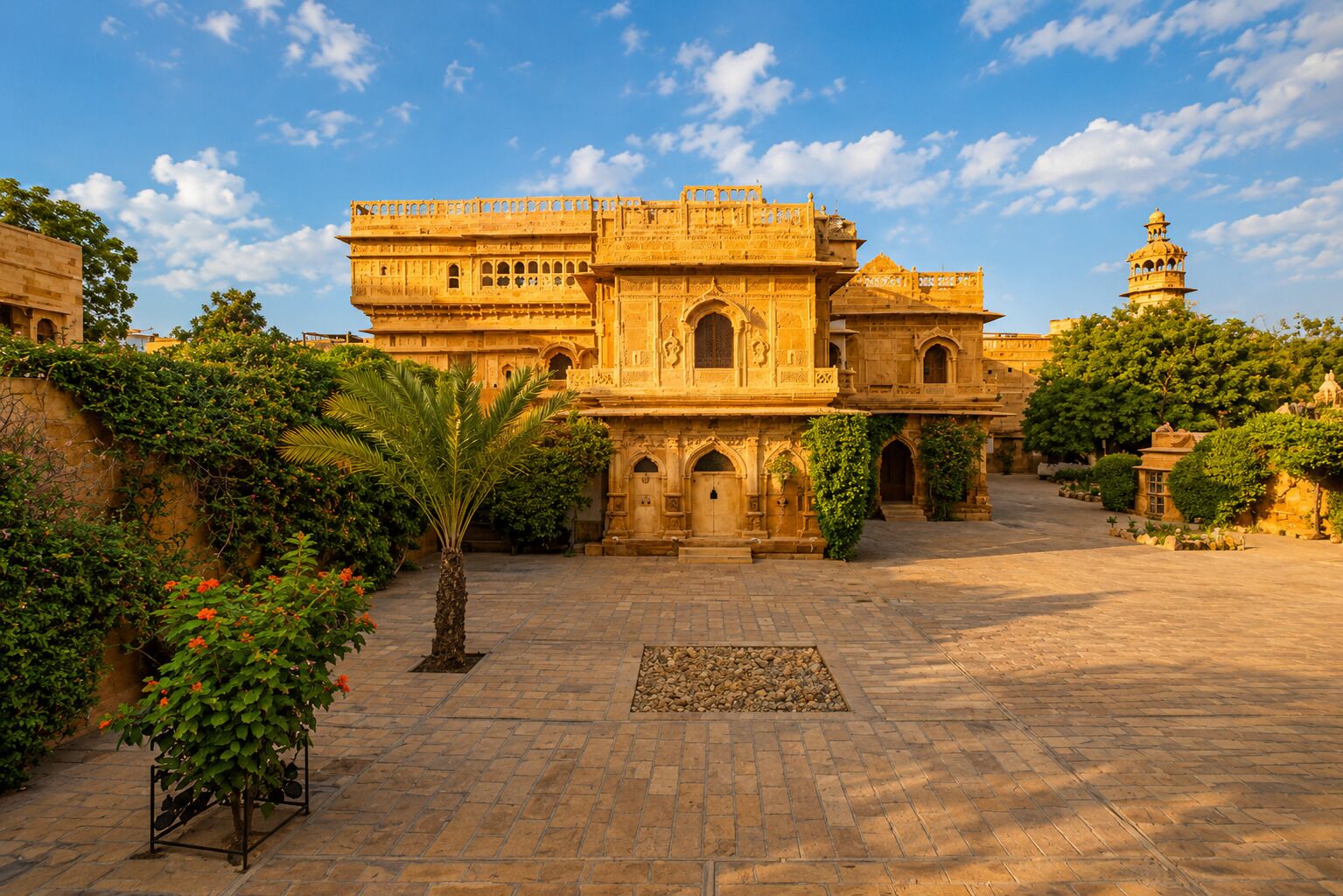 A historic building with arched doorways and a central courtyard.