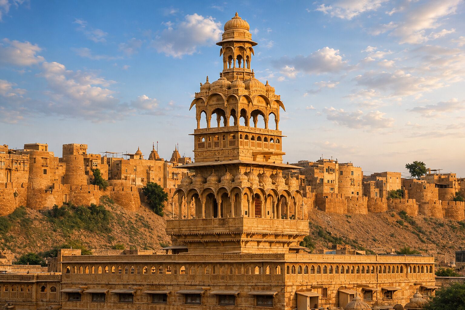 A historic fort with a prominent tower, surrounded by traditional architecture and a hilly backdrop.