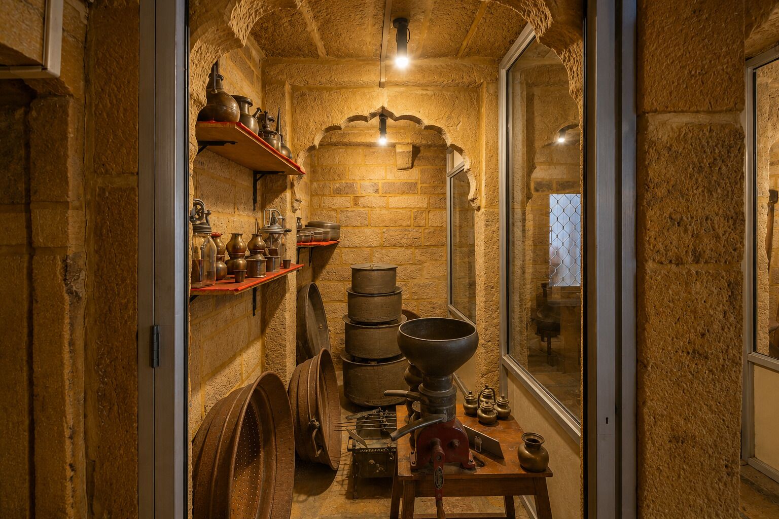 A narrow corridor with stone walls, shelves with kitchenware, and a window with a view.
