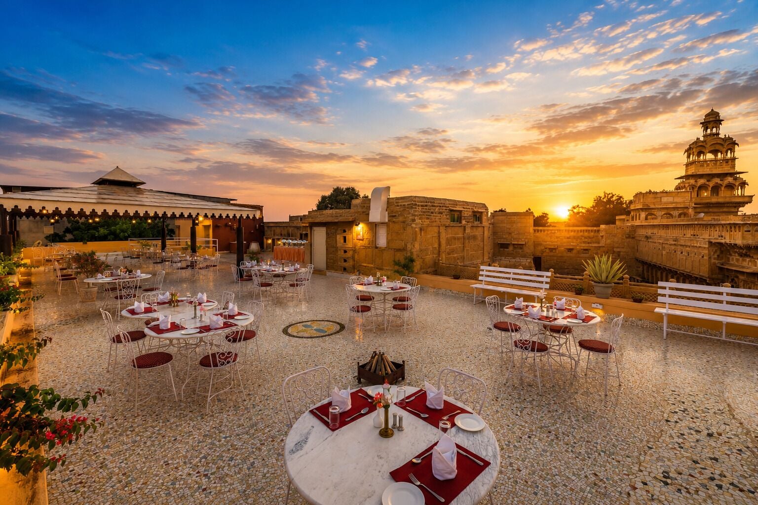 An outdoor dining area with round tables and chairs, set against a backdrop of historic stone buildings and a sunset.