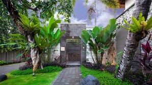 A pathway leading to a building entrance surrounded by lush greenery and large plants.
