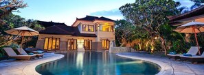 Outdoor pool, pool umbrellas, pool loungers