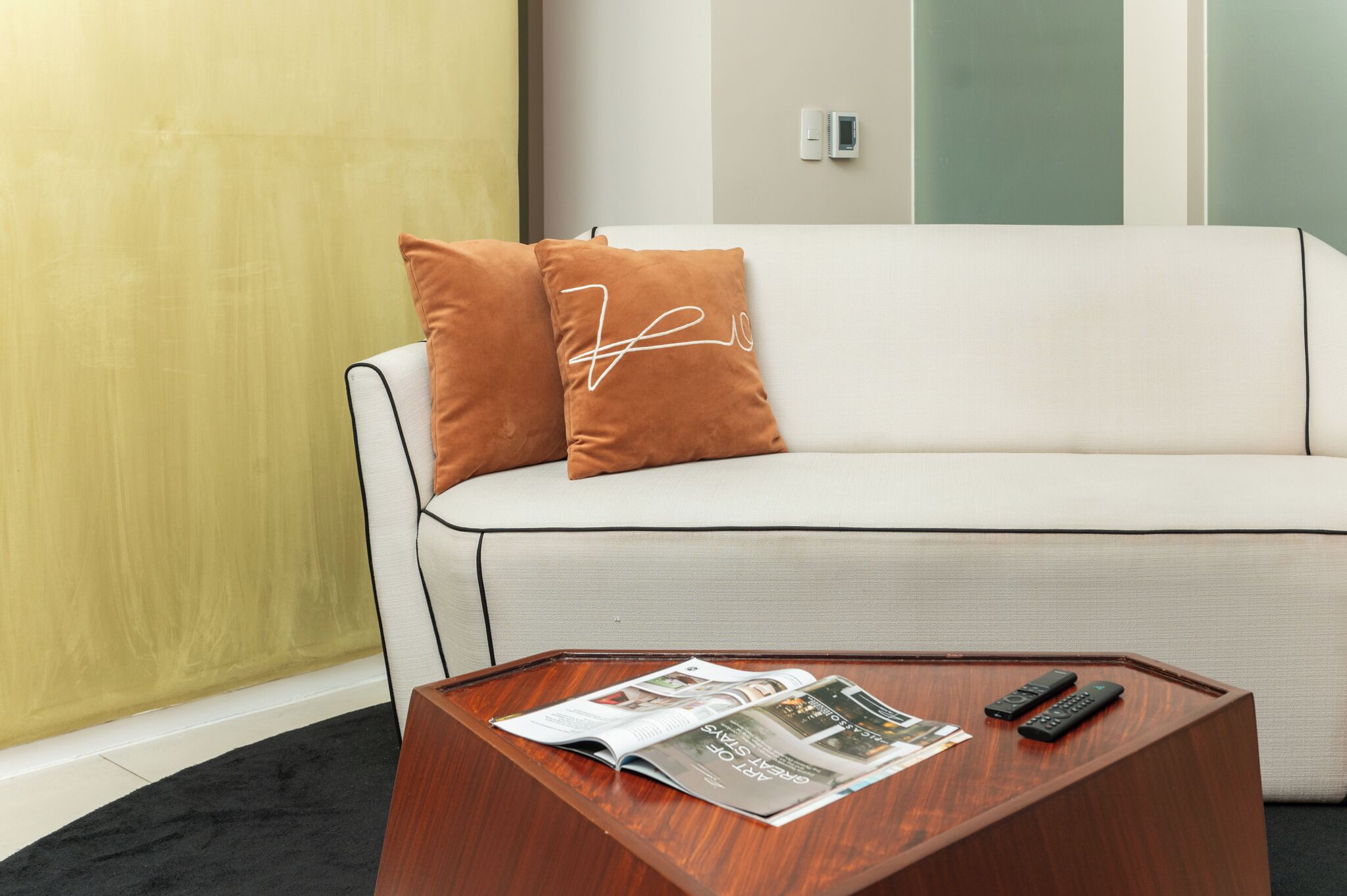 Una sala de estar moderna con un sofá, dos almohadas marrones, una mesa de centro de madera con revistas y controles remotos, y una alfombra negra.