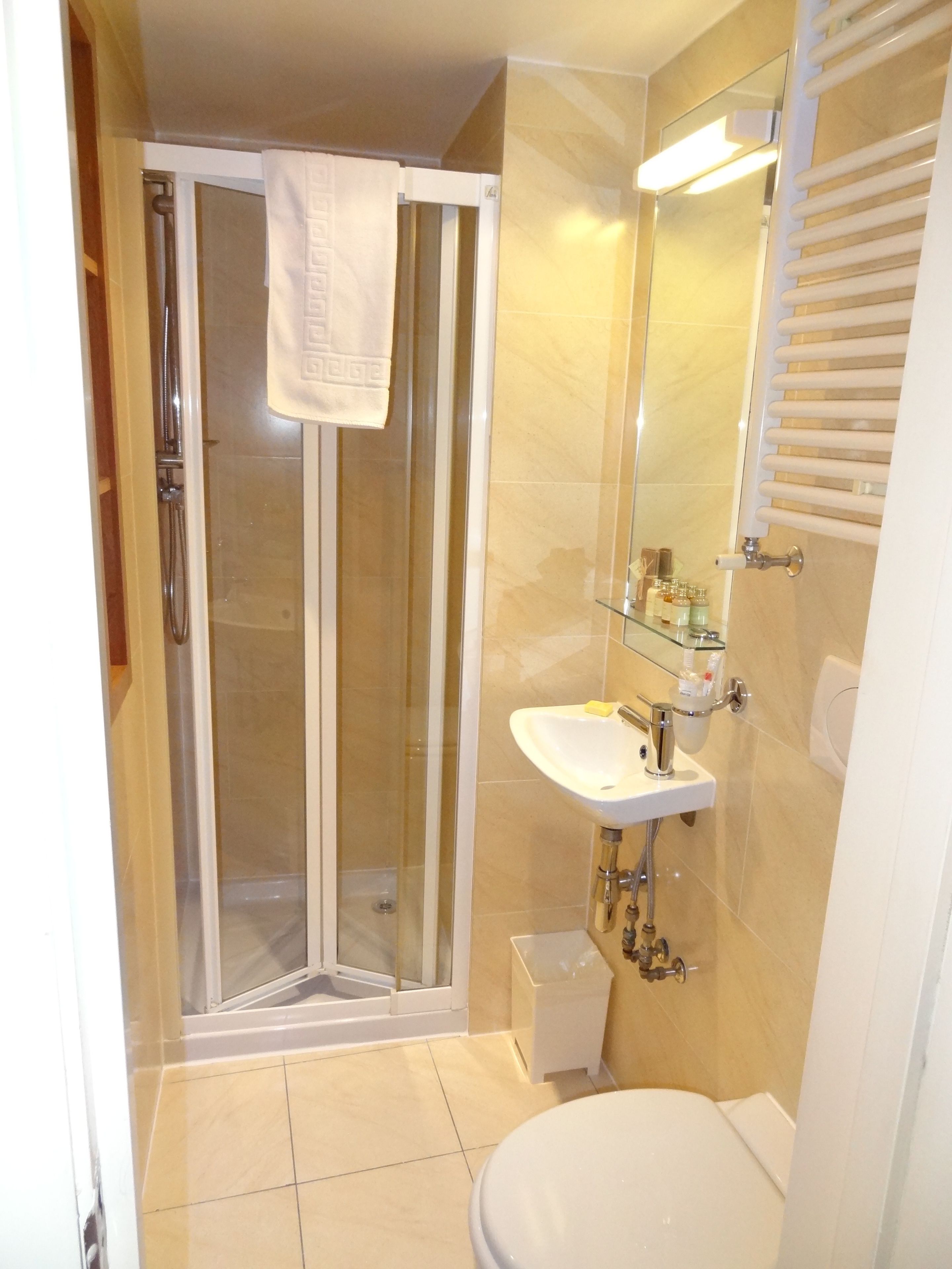 A bathroom with a glass-enclosed shower, a sink, and a toilet.