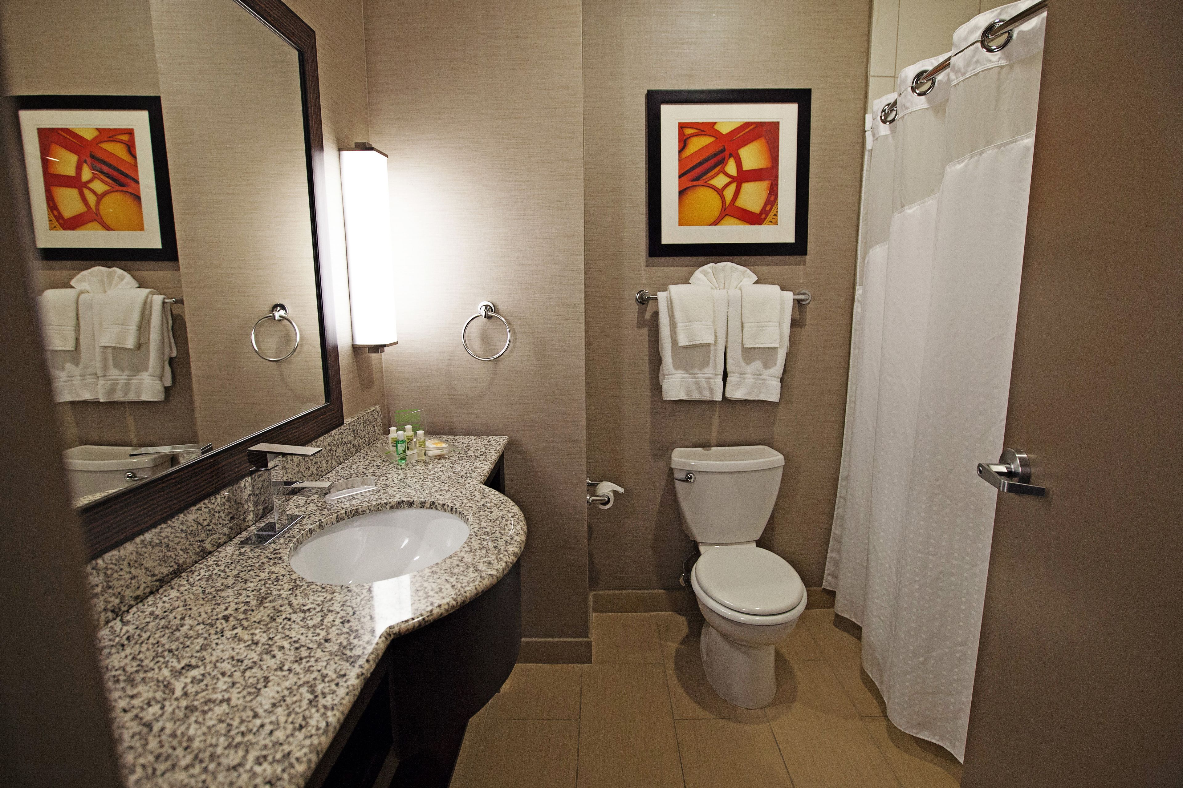A modern bathroom with a granite sink, a toilet, and a shower curtain.