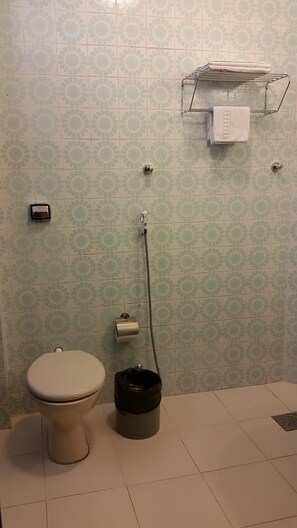 Shower, rainfall showerhead, free toiletries, hair dryer