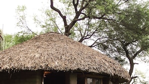 A thatched-roof structure with a stone exterior, a wooden door, and windows. - Nirvana Restaurant And Retreat (San Miguel de Allende)