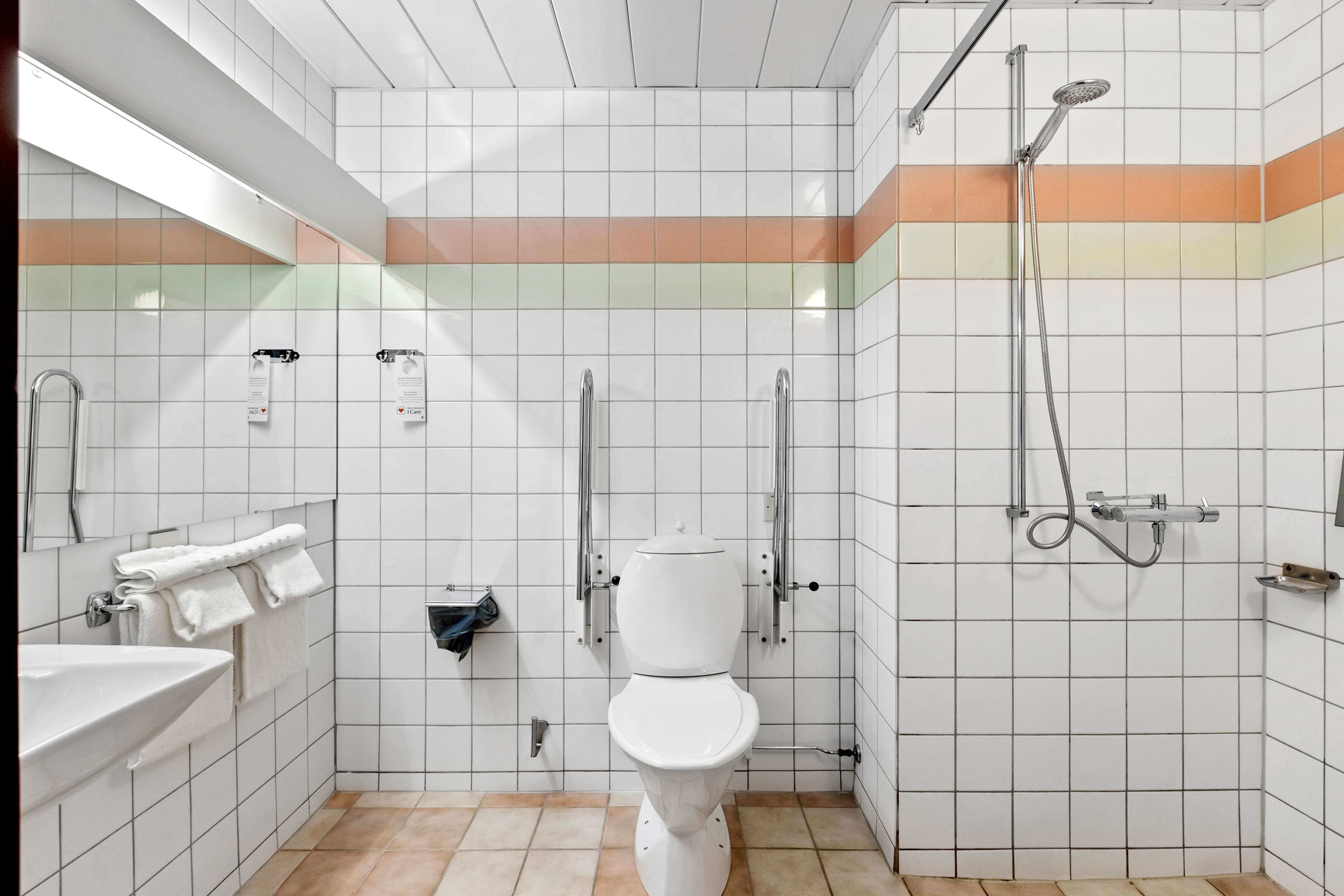 Une salle de bain moderne équipée de toilettes, d’un lavabo et d’une douche.