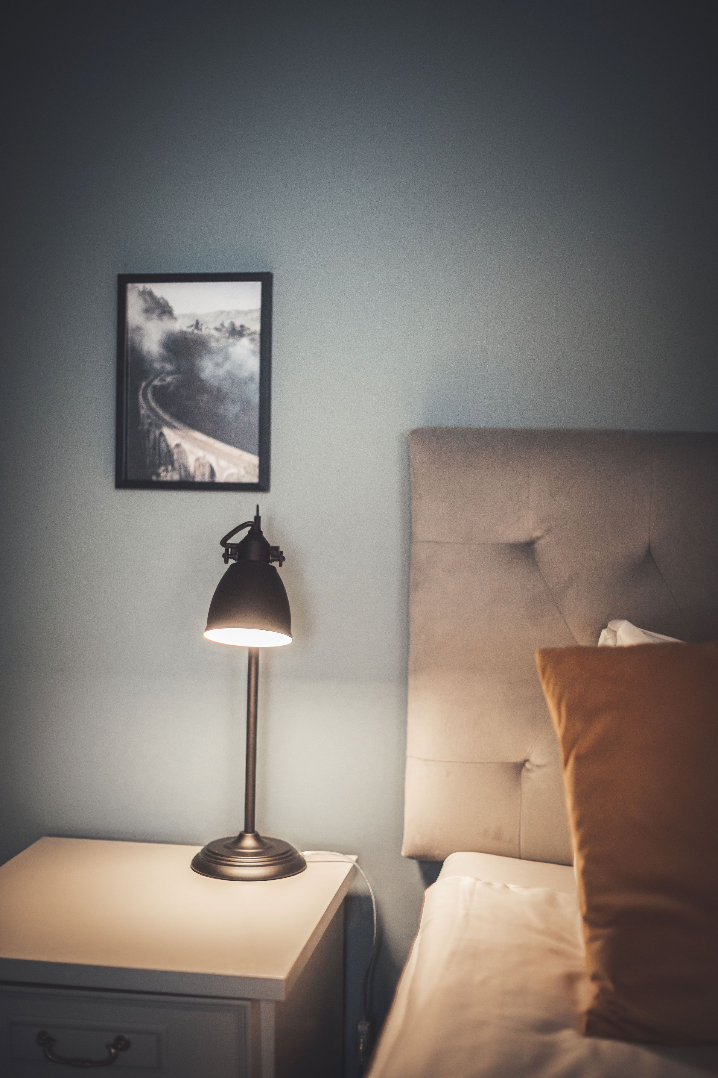 A neatly made bed with a headboard, a bedside lamp, and a framed picture on the wall.