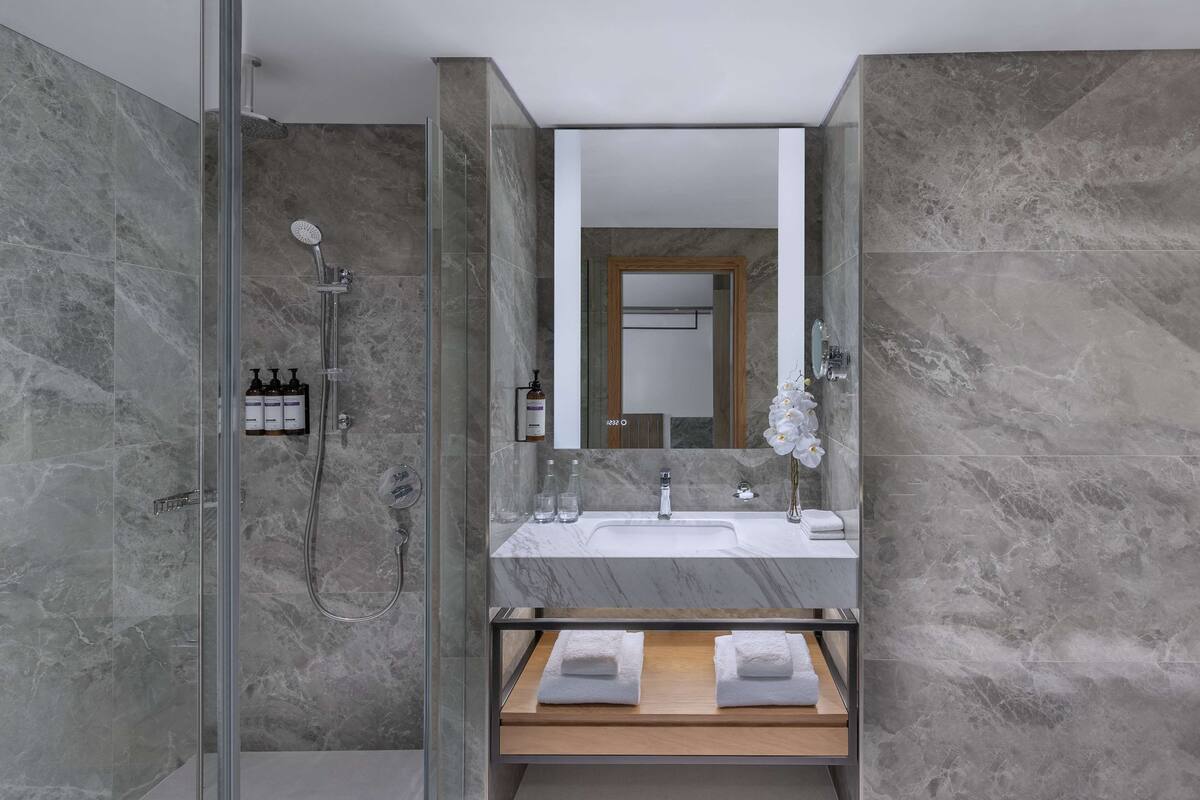 shower, rainfall showerhead, free toiletries, hair dryer