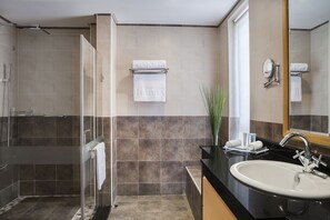 Rainfall showerhead, designer toiletries, hair dryer, bathrobes