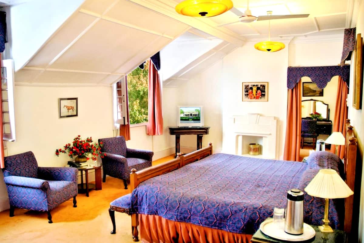 Een hotelkamer met een groot bed, twee fauteuils, een tafeltje met een bloevas, een televisie en een open haard.
